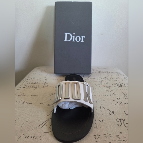 Dior Evolution White Leather Slide Flat Sandals Silver Metal Logo Size 8.5 - Picture 8 of 15
